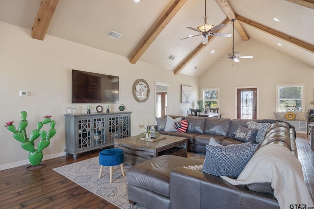 living room with high vaulted ceiling, dark hardwood / wood-style flooring, ceiling fan, and beam ceiling