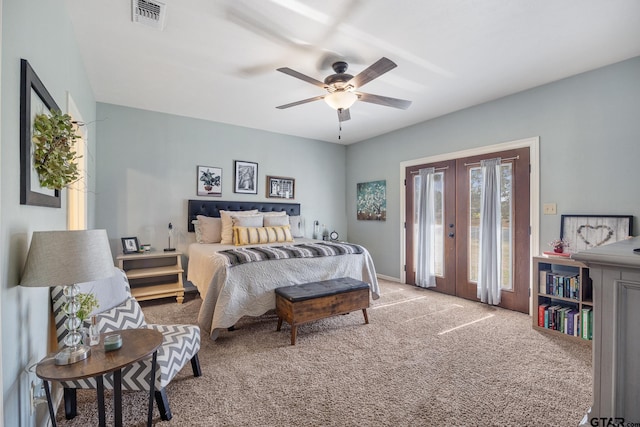 bedroom featuring french doors, ceiling fan, access to exterior, and carpet floors