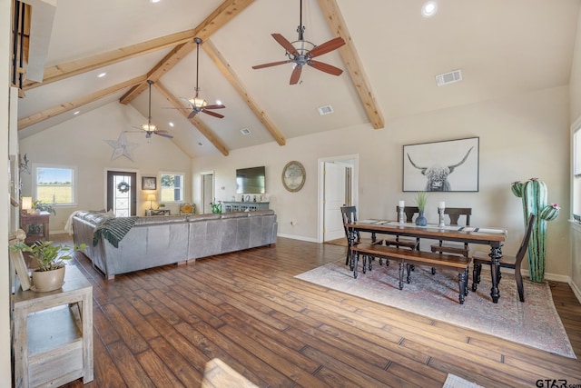 living room with high vaulted ceiling, dark hardwood / wood-style flooring, ceiling fan, and beam ceiling