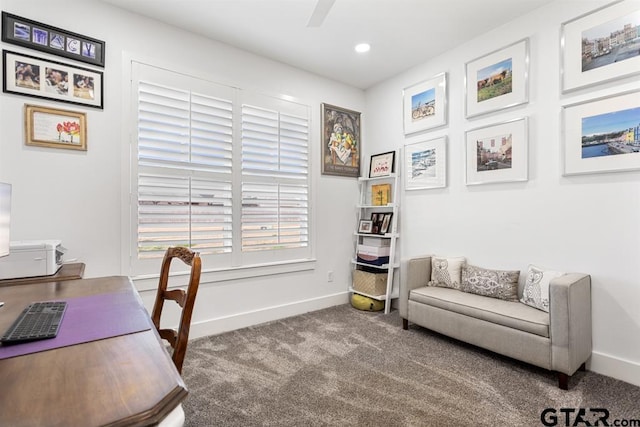 carpeted office with recessed lighting, baseboards, and a ceiling fan