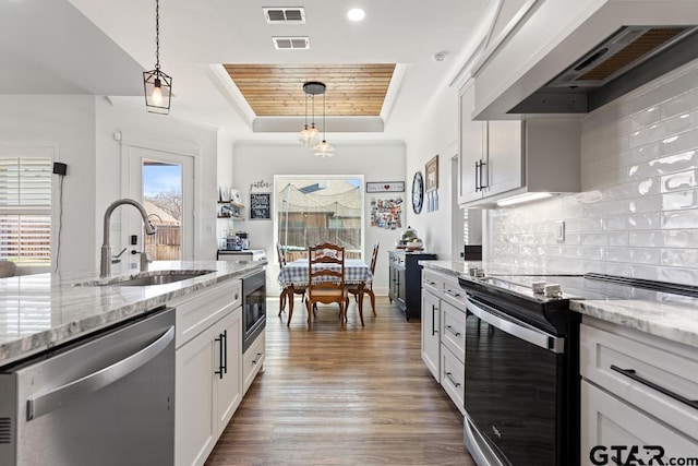 kitchen with visible vents, a sink, stainless steel appliances, a raised ceiling, and custom exhaust hood