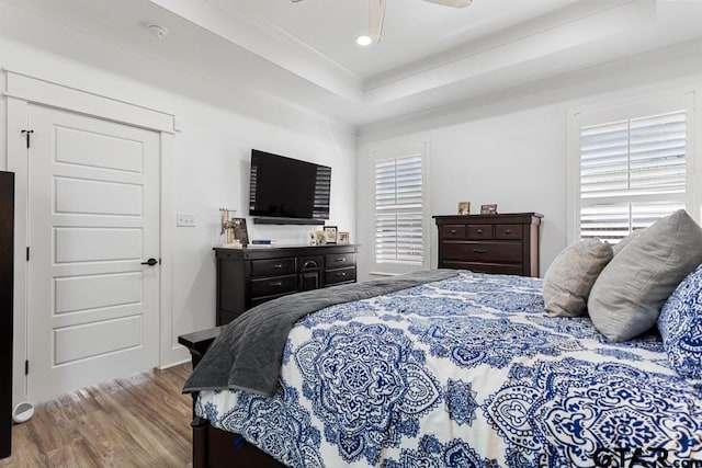 bedroom with a tray ceiling, wood finished floors, and a ceiling fan