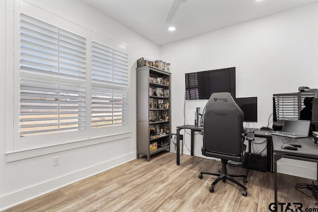 office with recessed lighting, wood finished floors, baseboards, and ceiling fan