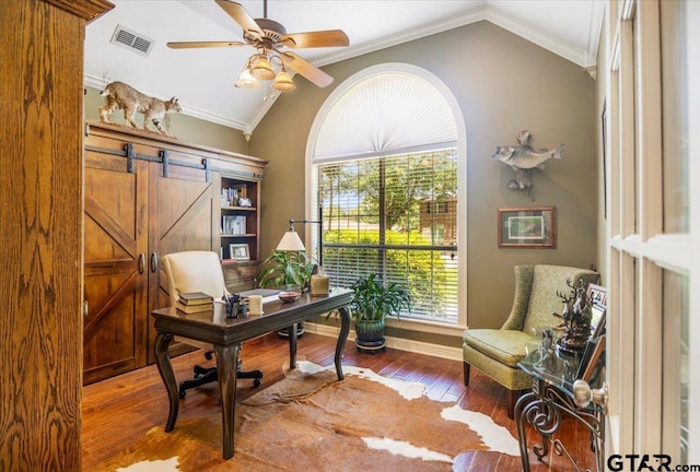 909 Univerity Dr, Carthage, TX 75633 - office area featuring vaulted ceiling, wood-type flooring, a ceiling fan, and ornamental molding
