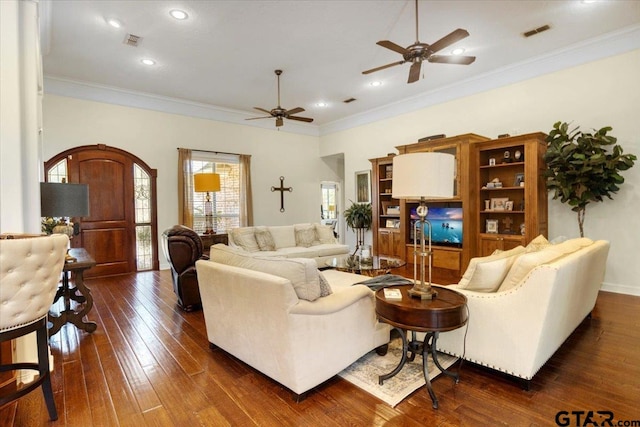 909 Univerity Dr, Carthage, TX 75633 - living room with a ceiling fan, ornamental molding, dark wood-style floors, recessed lighting, and baseboards