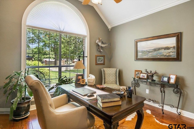 909 Univerity Dr, Carthage, TX 75633 - office featuring lofted ceiling, ornamental molding, wood finished floors, a ceiling fan, and baseboards