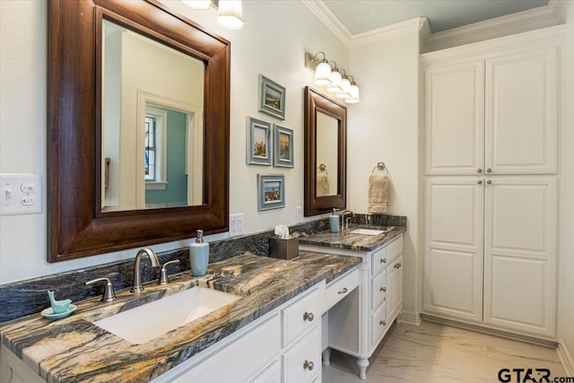 909 Univerity Dr, Carthage, TX 75633 - bathroom with marble look tile flooring, double vanity, and crown molding