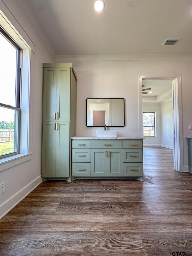 12301 Harlon, Flint, TX 75762 - bathroom featuring vanity, crown molding, wood finished floors, and recessed lighting