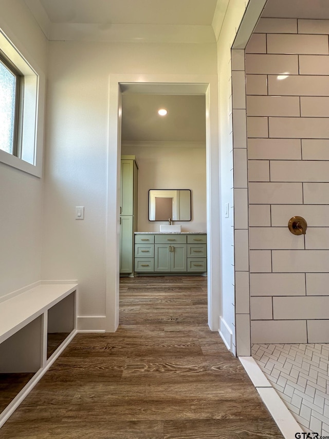 12301 Harlon, Flint, TX 75762 - full bath with a tile shower, vanity, wood finished floors, and ornamental molding
