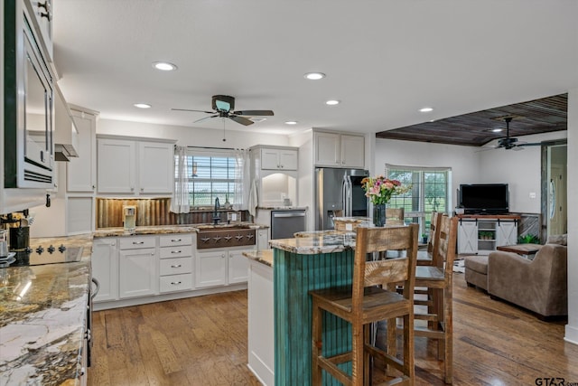 kitchen with white cabinets, a healthy amount of sunlight, and appliances with stainless steel finishes