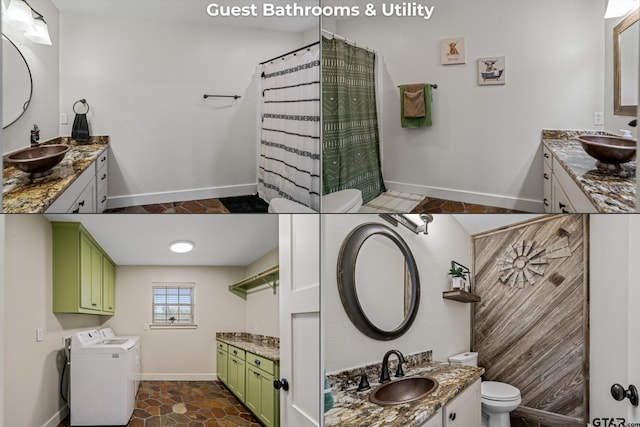 bathroom featuring toilet, decorative backsplash, vanity, and washing machine and clothes dryer