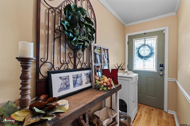 foyer with crown molding and light wood-type flooring