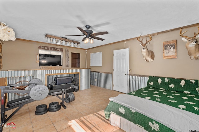 tiled bedroom with ornamental molding