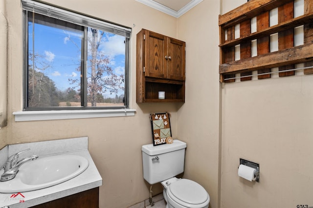 bathroom featuring vanity, ornamental molding, and toilet