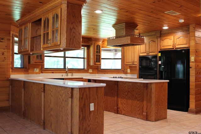 kitchen featuring light tile patterned flooring, wooden ceiling, sink, and black appliances