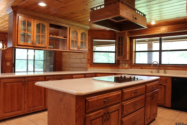 kitchen featuring a center island, light tile patterned floors, wood ceiling, and black appliances