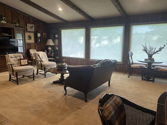 7892 Lakeshore Dr, Tyler, TX 75707 - living area featuring light colored carpet, beam ceiling, and wood walls