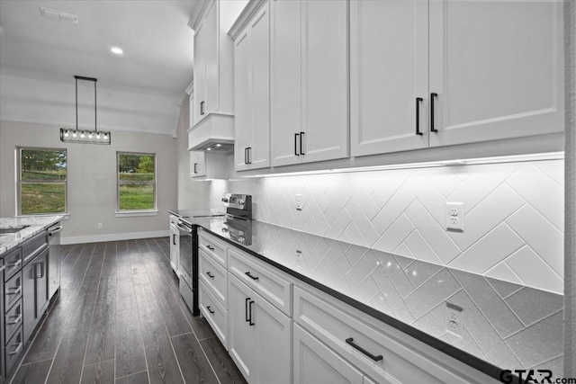 kitchen featuring dark hardwood / wood-style flooring, white cabinetry, appliances with stainless steel finishes, and custom exhaust hood