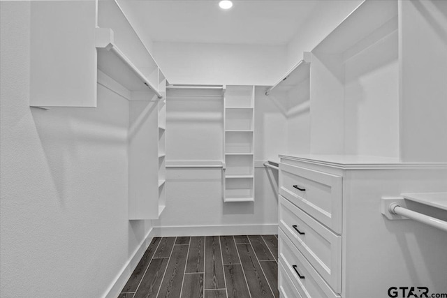 walk in closet with dark hardwood / wood-style flooring