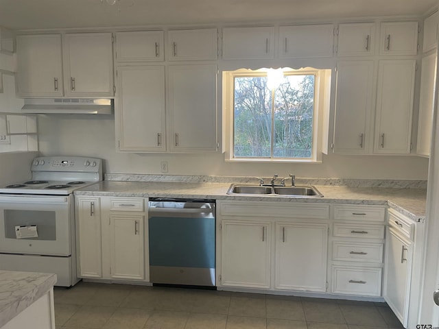 kitchen featuring electric range, sink, white cabinetry, stainless steel dishwasher, and light tile patterned flooring