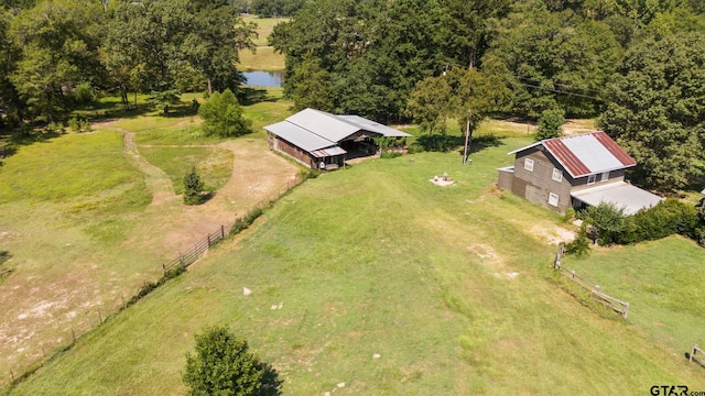 bird's eye view featuring a rural view and a water view