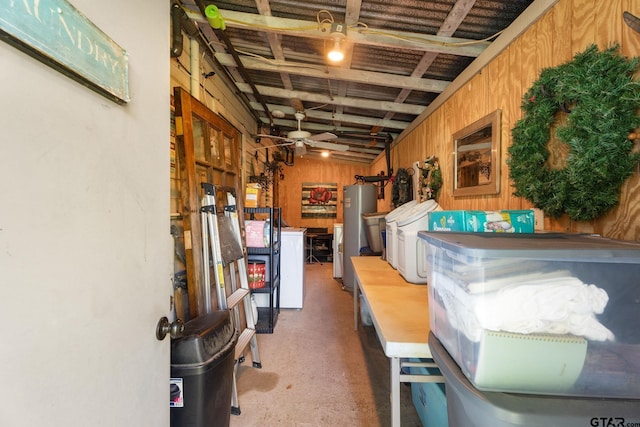 storage featuring washer and dryer and water heater