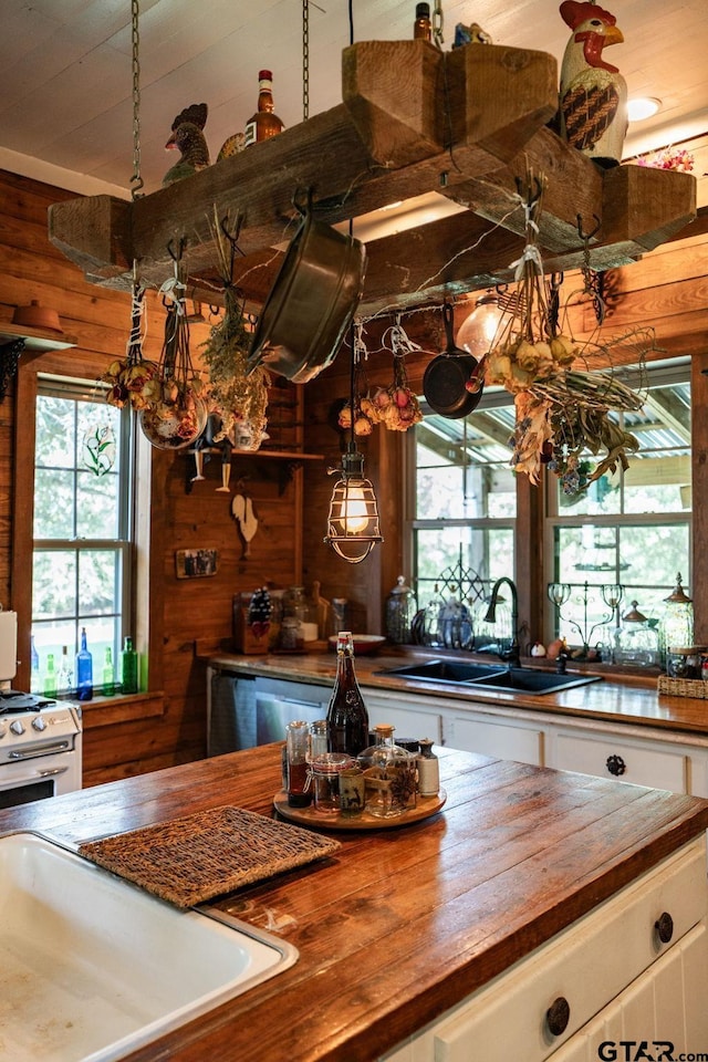 kitchen with wood walls, wooden counters, sink, appliances with stainless steel finishes, and white cabinetry