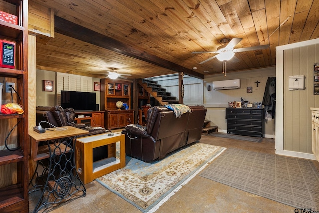 living room with a wall unit AC, ceiling fan, and wooden ceiling