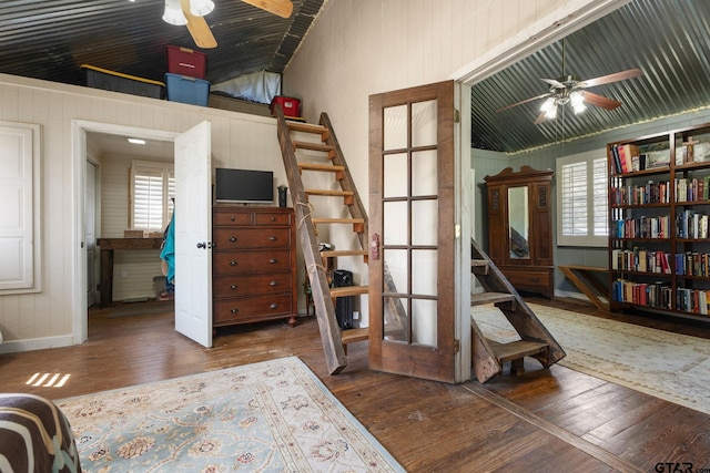 bedroom featuring ceiling fan and dark hardwood / wood-style flooring