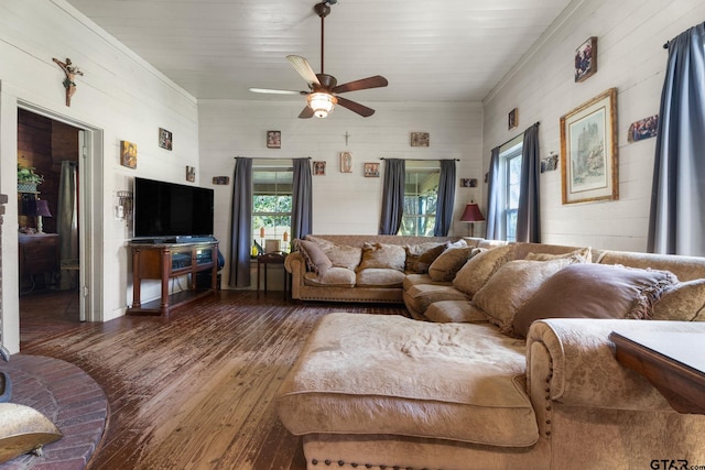 living room featuring dark wood-type flooring, crown molding, ceiling fan, and a healthy amount of sunlight