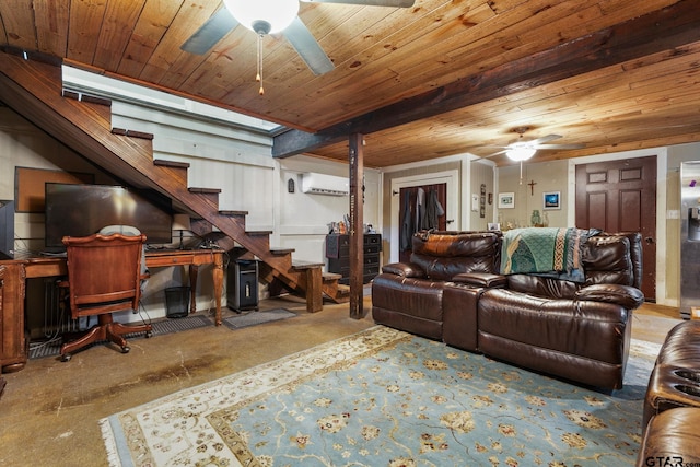 carpeted living room featuring ceiling fan, wood ceiling, and a wall mounted AC