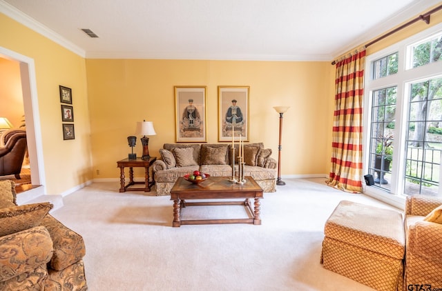 carpeted living room with ornamental molding