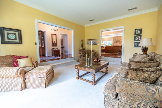 carpeted living room featuring crown molding and a notable chandelier