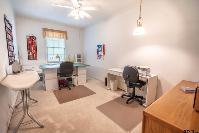 carpeted home office featuring ceiling fan, ornamental molding, and a textured ceiling