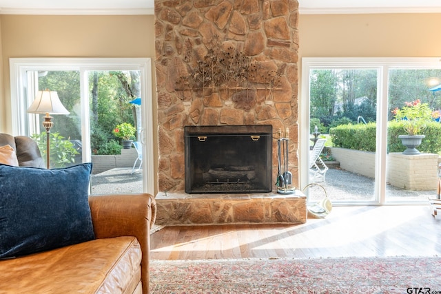 living room with a fireplace and ornamental molding