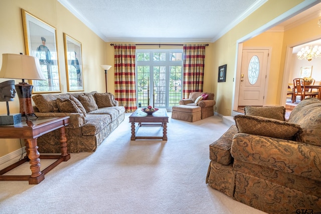 carpeted living room featuring crown molding, an inviting chandelier, and a textured ceiling