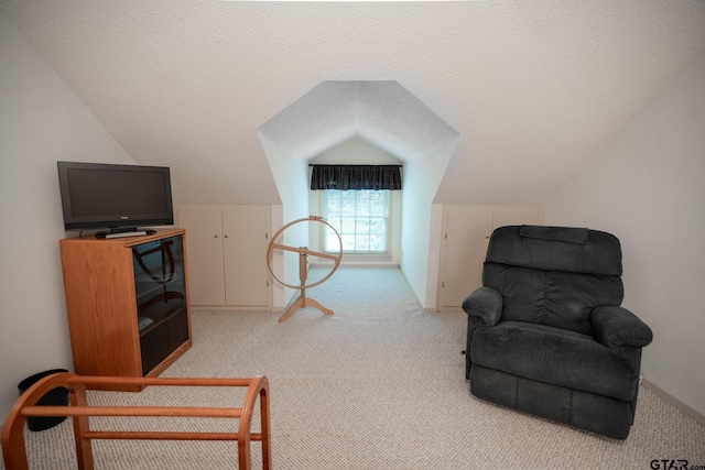 sitting room with lofted ceiling, light carpet, and a textured ceiling