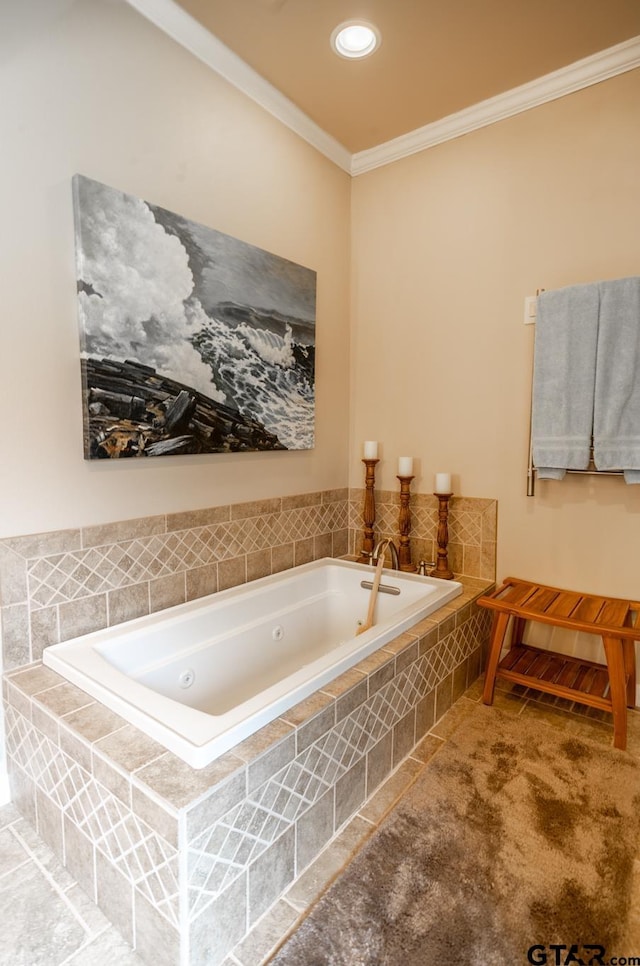 bathroom featuring ornamental molding and tiled bath