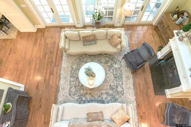 living room with wood walls