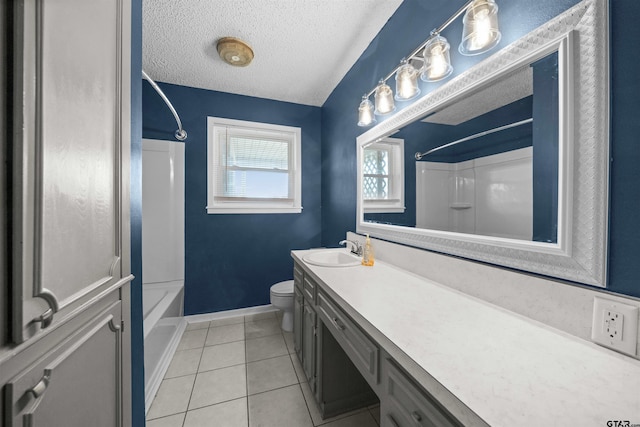 full bathroom with tile patterned floors, a textured ceiling,  shower combination, toilet, and lofted ceiling