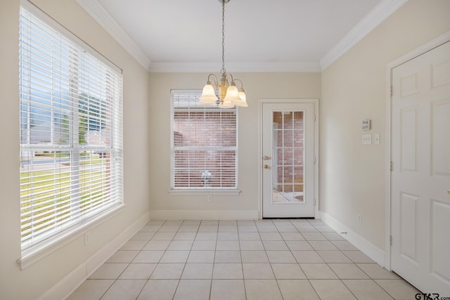 unfurnished dining area with a wealth of natural light, light tile patterned floors, and ornamental molding