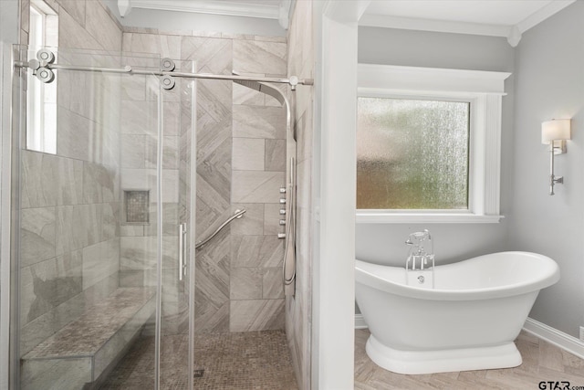 89 Eagle Cv, Mount Vernon, TX 75457 - full bathroom featuring crown molding, a freestanding tub, a stall shower, and baseboards