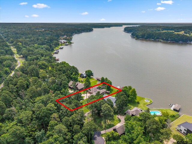 89 Eagle Cv, Mount Vernon, TX 75457 - view of property location with a nearby body of water, property boundaries highlighted, a heavily wooded area, and a pool area