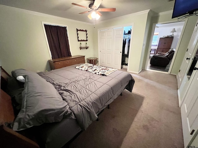 bedroom featuring ceiling fan, light colored carpet, and crown molding