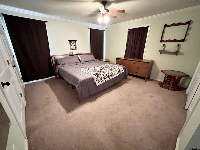 bedroom featuring light carpet, ceiling fan, and ornamental molding