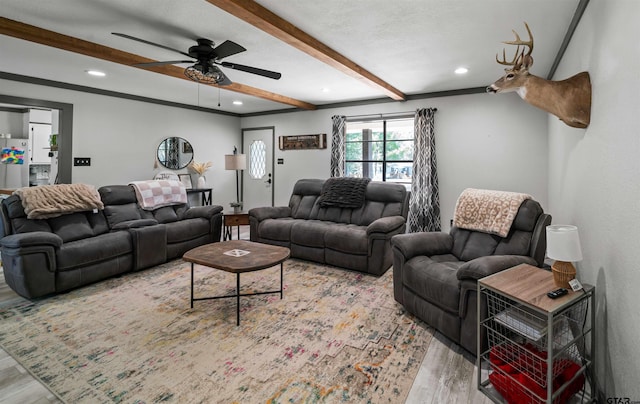 living room with light wood-type flooring, ceiling fan, and beam ceiling