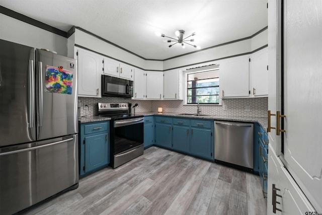 kitchen with stainless steel appliances, light wood-type flooring, white cabinetry, sink, and blue cabinets