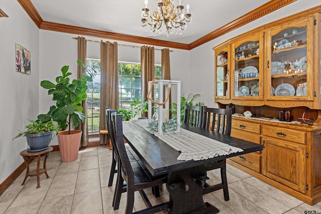 tiled dining space with ornamental molding and an inviting chandelier