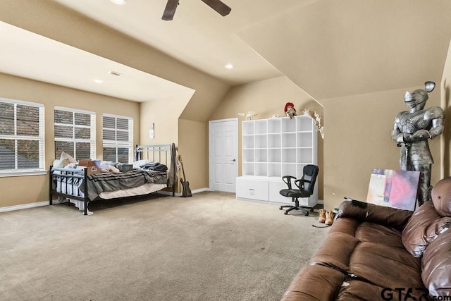 carpeted bedroom featuring ceiling fan and lofted ceiling