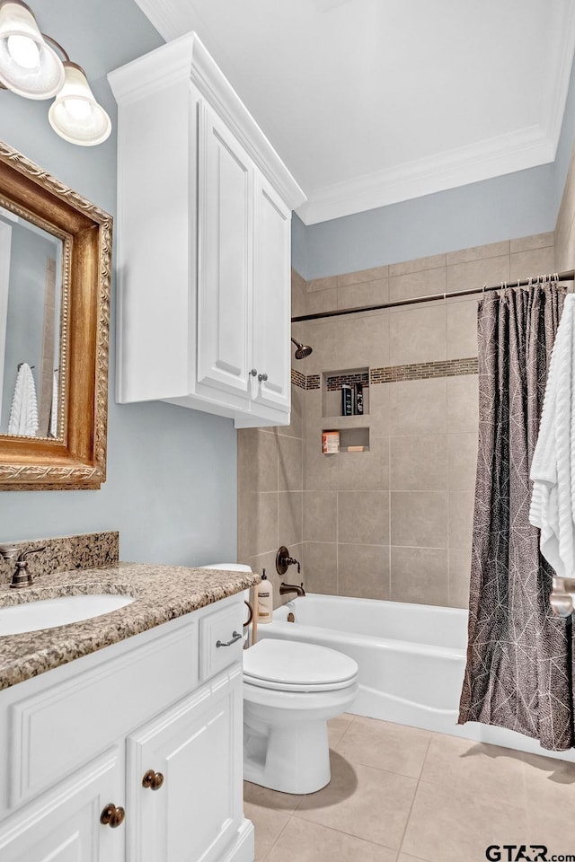 full bathroom with tile patterned floors, crown molding, toilet, vanity, and shower / tub combo